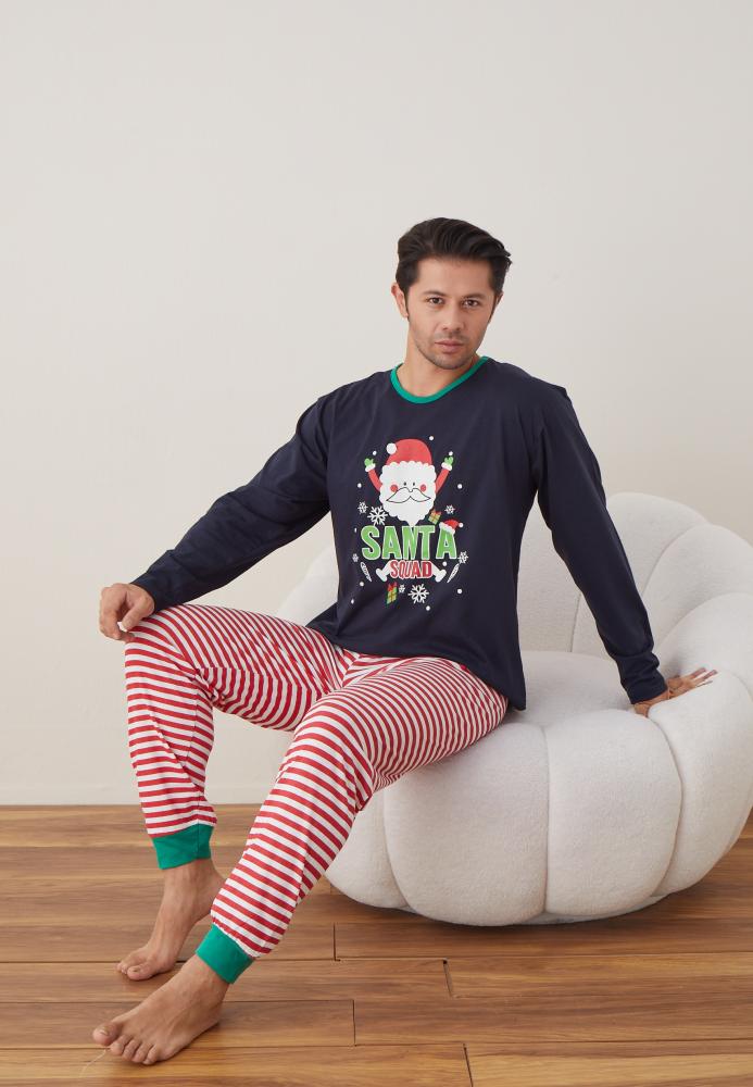 Pijama barbati Craciun " SANTA" maneca lunga ,pantaloni lungi,Culoare Bleumarin, Engros